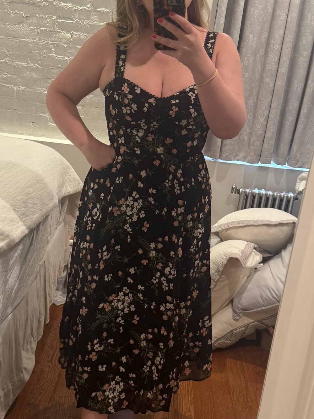 Reformation Black Floral Midi Dress with Pink & White Blossoms
